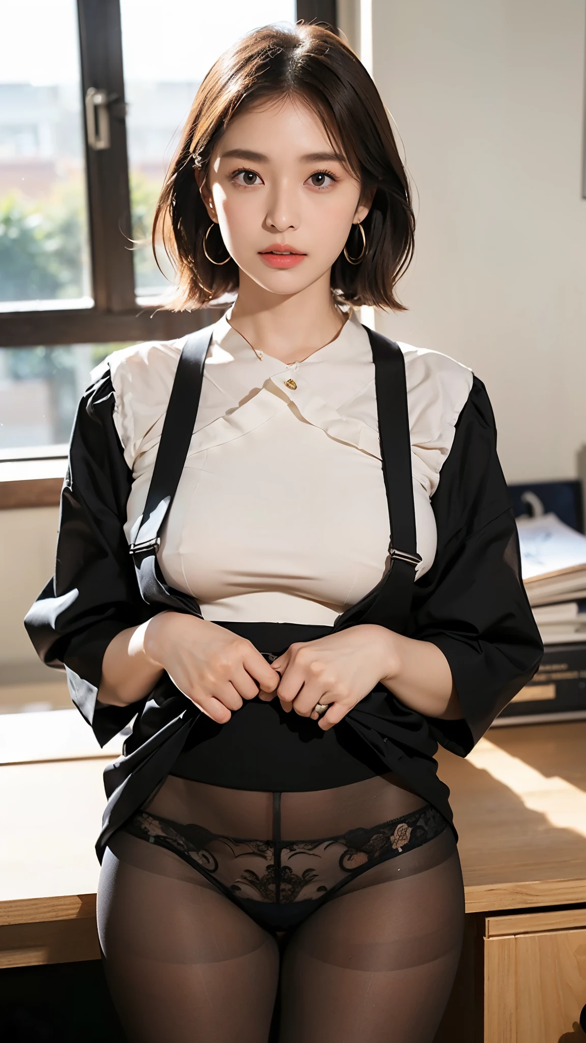 16K quality、Highest quality、It is high resolution.、Real photo、(Teenage Japanese woman standing)、((A beautiful woman who lifts up the hem of her skirt to show off her pantyhose))、((清楚なofficeレディ、White blouse、Black tight skirt、See-through bra))、(Hold the hem of your skirt with both hands、Lifting the hem of her skirt with both hands to reveal her ultra-thin pantyhose)、((office、office、desk))、(Sheer pantyhose、Shiny ultra-thin pantyhose、See-through black panties)、((High cut high leg black panties))、((Beautiful glossy brown hair、Bob Hair、Put out your ears))、((Embarrassed expression))、choker、Shiny earrings、Beautiful legs、Black High Heels、(Big eyes、Very beautiful and subtle makeup, Light makeup,)、Perfect body、Perfect hands、Perfect hands指、A clear, beautiful face and well-proportioned eyes、Highly detailed eyes and face、A neat nose、Thin eyebrows、(Perfect Eyes）、 (C cup breasts)、 Border Light、Realistic Light、subtle eye shadow、Detailed and beautiful lips 、Cute round face、Plump thighs、Hairstyle with bangs、Slender body、slim、Light-reflecting skin、Detailed fingers、Beautiful Eyes、Long eyelashes、８Head to Body、Low - Angle、The light reflected in your eyes、Smaller face、double eyelid、Big Eyes、Lip gloss、looking at the camera、Background blur、Movie lighting from the front、Light on face、