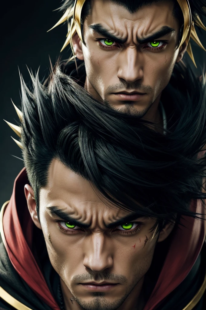 closeup of (male anime character:1.3), (intense look:1.2), (eyes of two colors:1.3) with one red and one green, spiky black hair, furrowed eyebrows, (serious expression:1.2), shadowed face, (black cloak with gold trim:1.1), visible scar over left eyebrow, high detail digital illustration, (dark background:1.1), animated style, strong facial features, contrasting colors, Focused behavior,