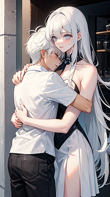 boy hugging a girl both have white hair 