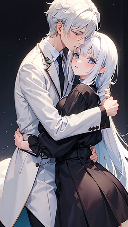 boy hugging a girl both have white hair