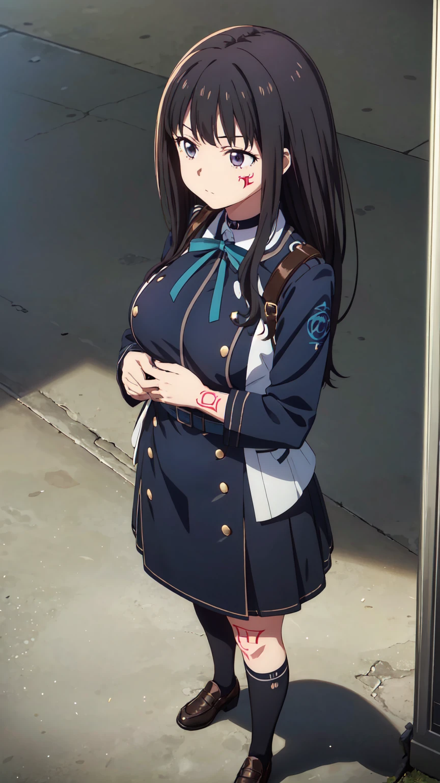 (((Pixel Perfect, Perfect in every detail))), alone, 1 personの女の子, Inoue Check, Licorice Uniform, View your viewers, Mouth closed, (((Pixel Perfect, Perfect in every detail))), alone, 女の子1 person, Chisato Nishikigi, Uniform sake, Looking at the audience, 1 personの女の子, alone, chest, Neck ribbon, Collared shirt, Uniform sake, Two-tone micro mini dress, Blue Dress, Long sleeve, Red Belt, (((1 personの女の子))),(((alone))),(((1 person))).loafers、Black socks、女の子1 person, whole body,(Low - Angle:1.4) alley, Contact us, Talk to your audience、Are Are standing、, 1 Girl}} Are standing,,{Show Viewer,, tattoo, High heels, saliva, tattoo、顔を強調するAre standing、Shaving, (下腹部のtattoo:1.5), (ハートのtattoo:1.5), (belly but ton: 1.1), 女の子1 person, whole body,choker、slave、 Big Breasts、chestの膨らみ,big、Expressionless、(Blacknee-length socks:1.4)Micro Mini Skirt