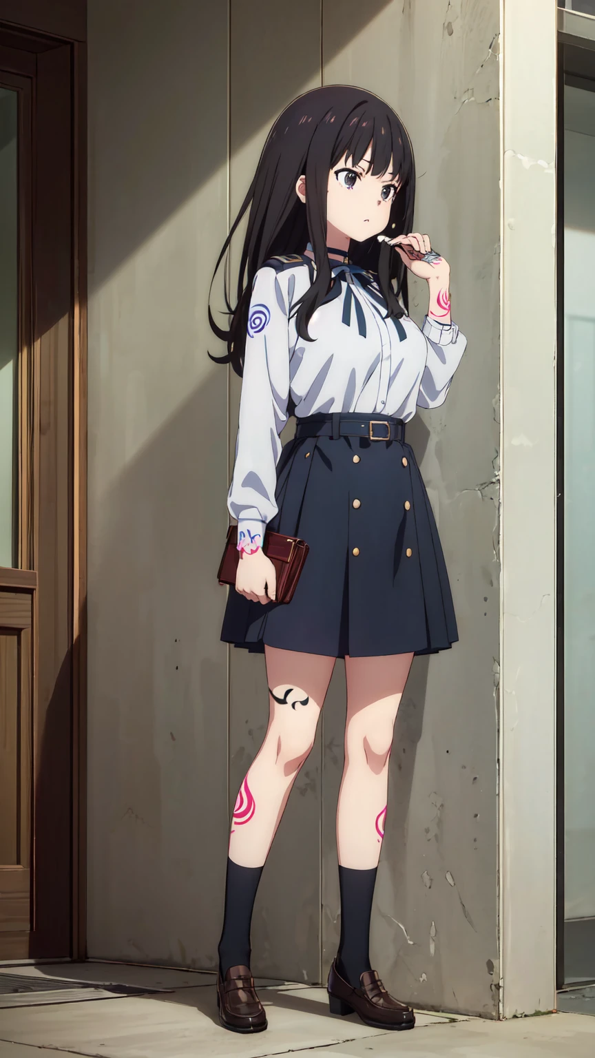 (((Pixel Perfect, Perfect in every detail))), alone, 1 personの女の子, Inoue Check, Licorice Uniform, View your viewers, Mouth closed, (((Pixel Perfect, Perfect in every detail))), alone, 女の子1 person, Chisato Nishikigi, Uniform sake, Looking at the audience, 1 personの女の子, alone, chest, Neck ribbon, Collared shirt, Uniform sake, Two-tone micro mini dress, Blue Dress, Long sleeve, Red Belt, (((1 personの女の子))),(((alone))),(((1 person))).loafers、Black socks、女の子1 person, whole body,(Low - Angle:1.4) alley, Contact us, Talk to your audience、Are Are standing、, 1 Girl}} Are standing,,{Show Viewer,, tattoo, High heels, saliva, tattoo、顔を強調するAre standing、Shaving, (下腹部のtattoo:1.5), (ハートのtattoo:1.5), (belly but ton: 1.1), 女の子1 person, whole body,choker、slave、 Big Breasts、chestの膨らみ,big、Expressionless、(Blacknee-length socks:1.4)Micro Mini Skirt