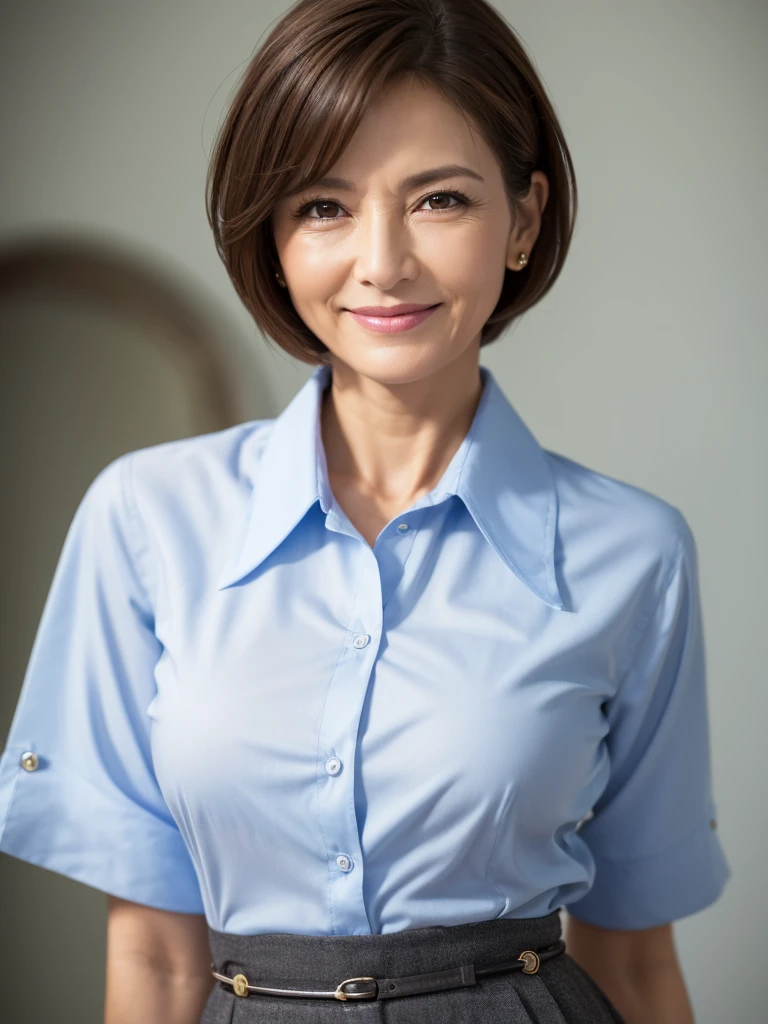 最high quality, 8K, Vibrant, Sharp focus, high quality, High resolution, Middle-aged women, 49 years old,(Wrinkles around the eyes),(wrinkles around the mouth), (whole body),(Very slim and delicate body), High heels, Highly detailed eyes, Thick lips,Plump face,Shirt with buttons and collar,Long skirt,Short Hair,A kind smile,Very small breasts