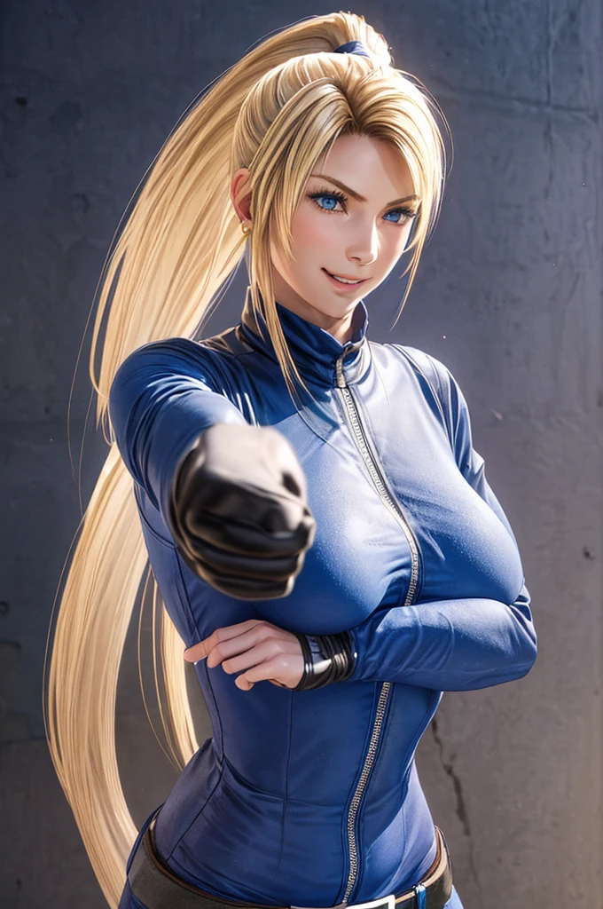 Sarah, blue eyes, angle view, (full bodysuit:1.1), (skinny girl:1.0), ((long ponytail:1.3)), (free flowing hair:1.4), cowboy shot, blonde hair, long hair, (long side burns:1.4), Shoulders exposed, (arms exposed:1.0), (very detailed skin:1.5), (medium breasts:1.4), belt ,sleeveless, (closed zipper), earrings, fingerless short gloves, BREAK masterpiece, 1 girl, RAW photo, (best quality:1.2), extremely delicate beautiful, very detailed, 2k wallpaper, amazing, fine details, (medium breasts:1.3), extremely detailed CG Unity 8k wallpaper, super detailed, high resolution, (beautiful detailed girl:1.4), perfect anatomy, wide cheeks, (shiny clothes:1.1), (smile:1.2), (upper body:1.3), (Realistic, Photorealistic:1.0), (thin nose:1.2), (breast focus:1.3), 20 year old, high nose bridge, (blue clothes:1.2), fighting pose, fighting arena, armpit against wall, wide face, (wide smile:1.3), closed mouth
