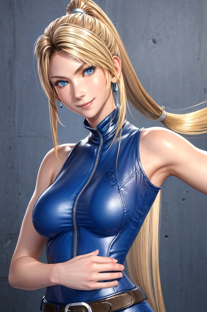 Sarah, blue eyes, angle view, (full bodysuit:1.1), (skinny girl:1.0), ((long ponytail:1.3)), (free flowing hair:1.4), cowboy shot, blonde hair, long hair, (long side burns:1.4), Shoulders exposed, (arms exposed:1.0), (very detailed skin:1.5), (medium breasts:1.4), belt ,sleeveless, (closed zipper), earrings, fingerless short gloves, BREAK masterpiece, 1 girl, RAW photo, (best quality:1.2), extremely delicate beautiful, very detailed, 2k wallpaper, amazing, fine details, (medium breasts:1.3), extremely detailed CG Unity 8k wallpaper, super detailed, high resolution, (beautiful detailed girl:1.4), perfect anatomy, wide cheeks, (shiny clothes:1.1), (smile:1.2), (upper body:1.3), (Realistic, Photorealistic:1.0), (thin nose:1.2), (breast focus:1.3), 20 year old, high nose bridge, (blue clothes:1.2), fighting pose, fighting arena, armpit against wall, wide face, (wide smile:1.3), closed mouth
