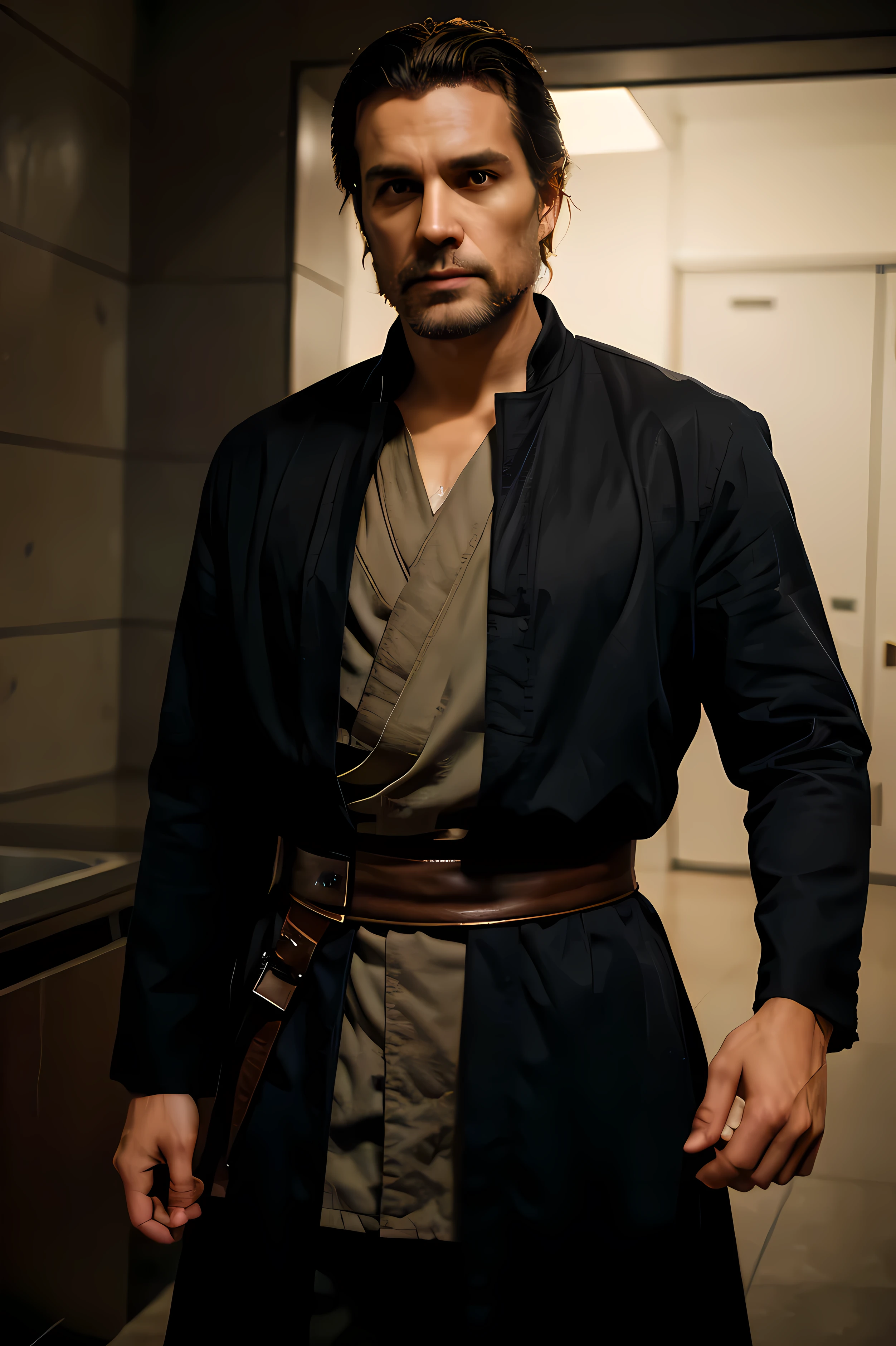 I want you to make a man of about 25 years old dressed in dark Jedi clothes, with a few weeks' beard, red eyes medium hair with bangs open to the sides. the dark and rainy environment. This boy is holding a glowing purple lightsaber and you can see shadows behind him with red lightsabers.