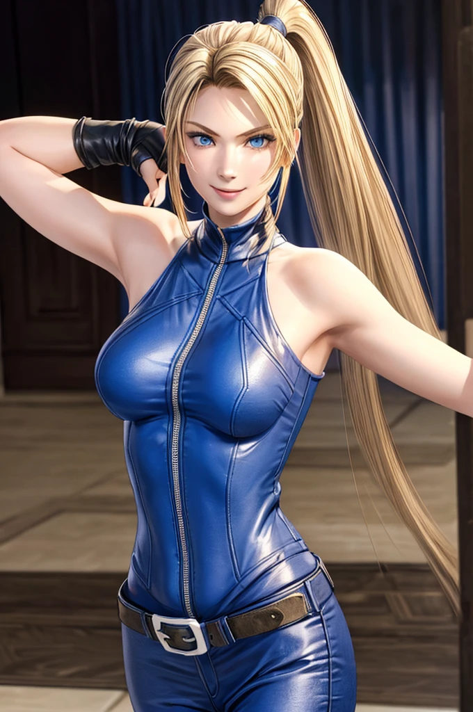 Sarah, blue eyes, angle view, (full bodysuit:1.1), (skinny girl:1.0), ((long ponytail:1.3)), (free flowing hair:1.4), cowboy shot, blonde hair, long hair, (long side burns:1.4), Shoulders exposed, (arms exposed:1.0), (very detailed skin:1.5), (medium breasts:1.4), belt ,sleeveless, (closed zipper), earrings, fingerless short gloves, BREAK masterpiece, 1 girl, RAW photo, (best quality:1.2), extremely delicate beautiful, very detailed, 2k wallpaper, amazing, fine details, (medium breasts:1.3), extremely detailed CG Unity 8k wallpaper, super detailed, high resolution, (beautiful detailed girl:1.4), perfect anatomy, wide cheeks, (shiny clothes:1.1), (smile:1.2), (upper body:1.3), (Realistic, Photorealistic:1.0), (thin nose:1.2), (breast focus:1.3), 20 year old, high nose bridge, (blue clothes:1.2), fighting pose, fighting arena, armpit against wall, wide face, (wide smile:1.3), closed mouth