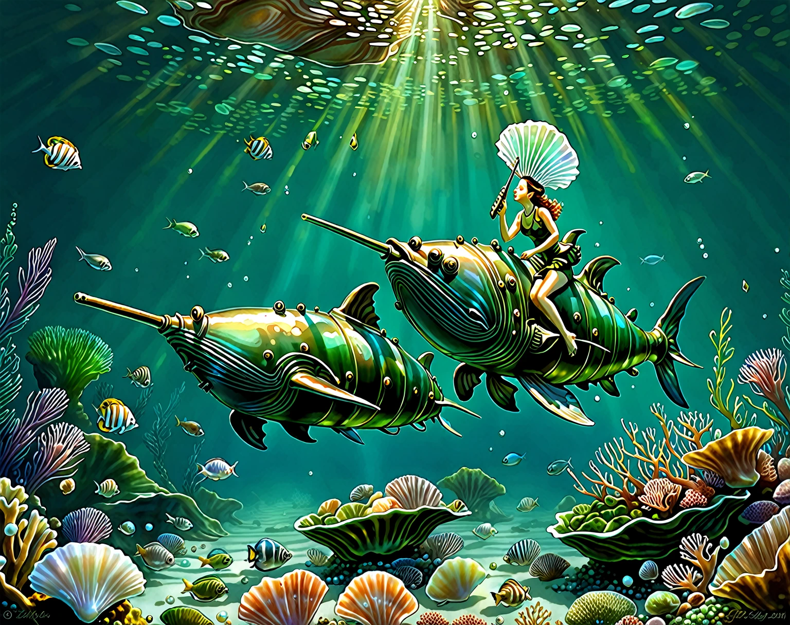 A submarine little triton stealing an iridescent pearl from a giant oyster, seabed, fishes, algae in dark green an russet, whimsical, highly detailed, image influenced by Zena Holloway, Shaun Tan and Seth Globepaint.