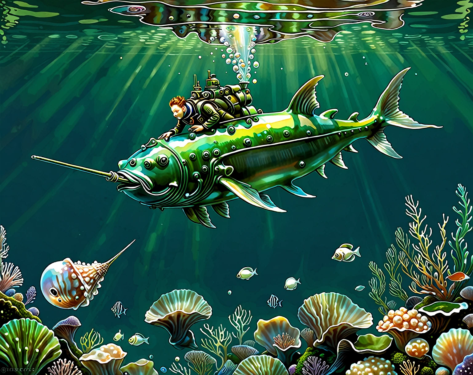A submarine little  triton stealing an iridescent pearl from a giant oyster, seabed, fishes, algae in dark green an russet, whimsical, highly detailed, image influenced by Zena Holloway, Shaun Tan and Seth Globepaint.