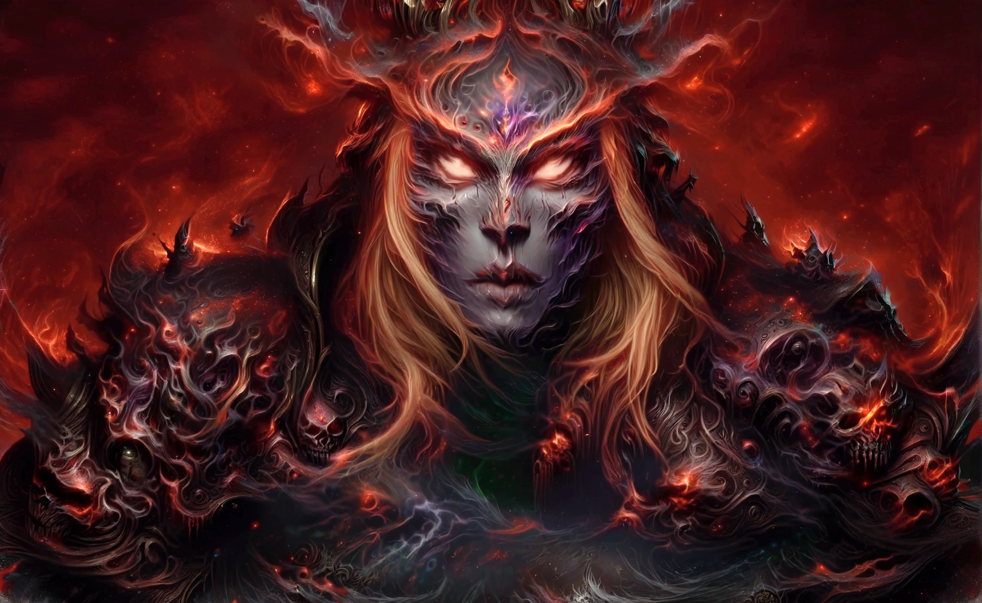 a close up of a woman with a demonic face and a skull, sylvanas windrunner, world of warcraft art style, world of warcraft splash art, world of warcraft art, alexstrasza, blizzard warcraft artwork, inspired blizzard games, death knight, blizzard cinematic, warcraft artwork, from world of warcraft, horde3d, warcraft character, blood knight