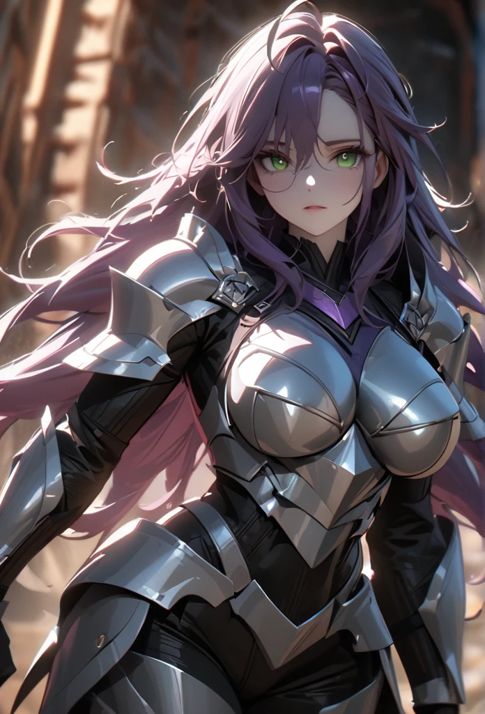 (solo), purple hair, messy hair, mane hair, extra long hair, dense hair, wild hair, expressive hair, mature,(25 year old), pale skin, green eyes, ((man)), wearing a silver armor, armored arms, armored legs, claws,, Big breast, big ass, beautiful, attractive, eye reflection, depth of field, thunder aura,cinematic lighting, ray tracing, depth of field, cinematic lighting, ray tracing, UHD, high details, best quality, highres, high quality, award winning, super detail, masterpiece, 8k, UHD, high details, best quality, highres, high quality, award winning, super detail, masterpiece, 8k, digital art, anime coloring, body shot, good face, perfect face, detailed face, good eyes