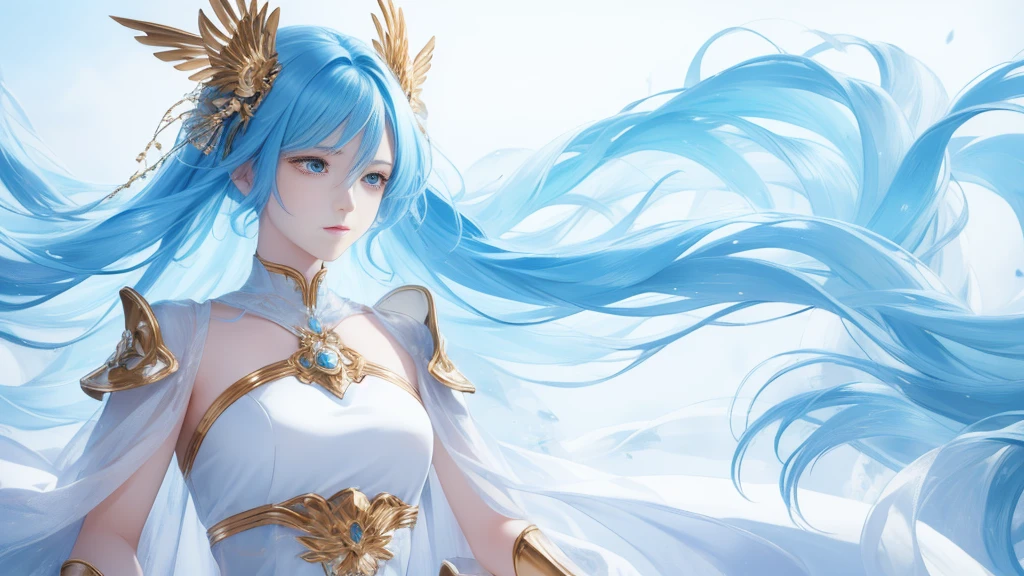 high quality,1 Girl，Ultra-detailed CG illustrations，Depicts a young man with a calm expression, Staring into the distance，His striking light blue hair fluttered gently in the desert breeze. The scenery behind him is vast and stunning, Leading the audience into a world of wonder and exploration.More creativity
