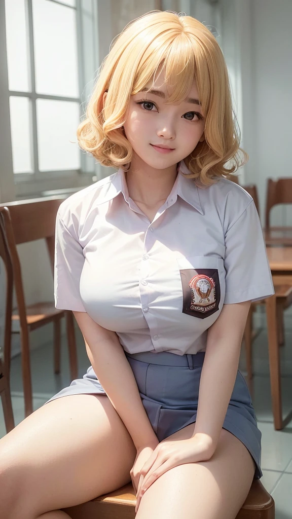 1 woman, , (curly bob, blonde hair), plump body, black eyes, Indonesian high-school uniform, (wearing transparent white shirt, showing bra), osis logo on shirt pocket, huge XL breasts, light-grey pleated skirt, sitting on a chair, seductive pose, full body shot, smiling, in the classroom.