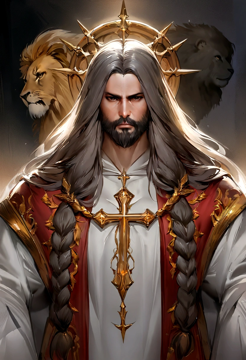 Araved's image of a man with long hair and a beard, Retrato de JesusChrist, ultra detail. digitalpainting, Digital painting with 8k resolution, Digital painting with 8k resolution, digitalpainting 8k, digitalpainting renascentista, painted in high resolution, JesusChrist, renderizado em corona, digitalpainting muito detalhada, digitalpainting ultradetalhada, smooth ass. digitalpainting, Angry lion in the background of the image