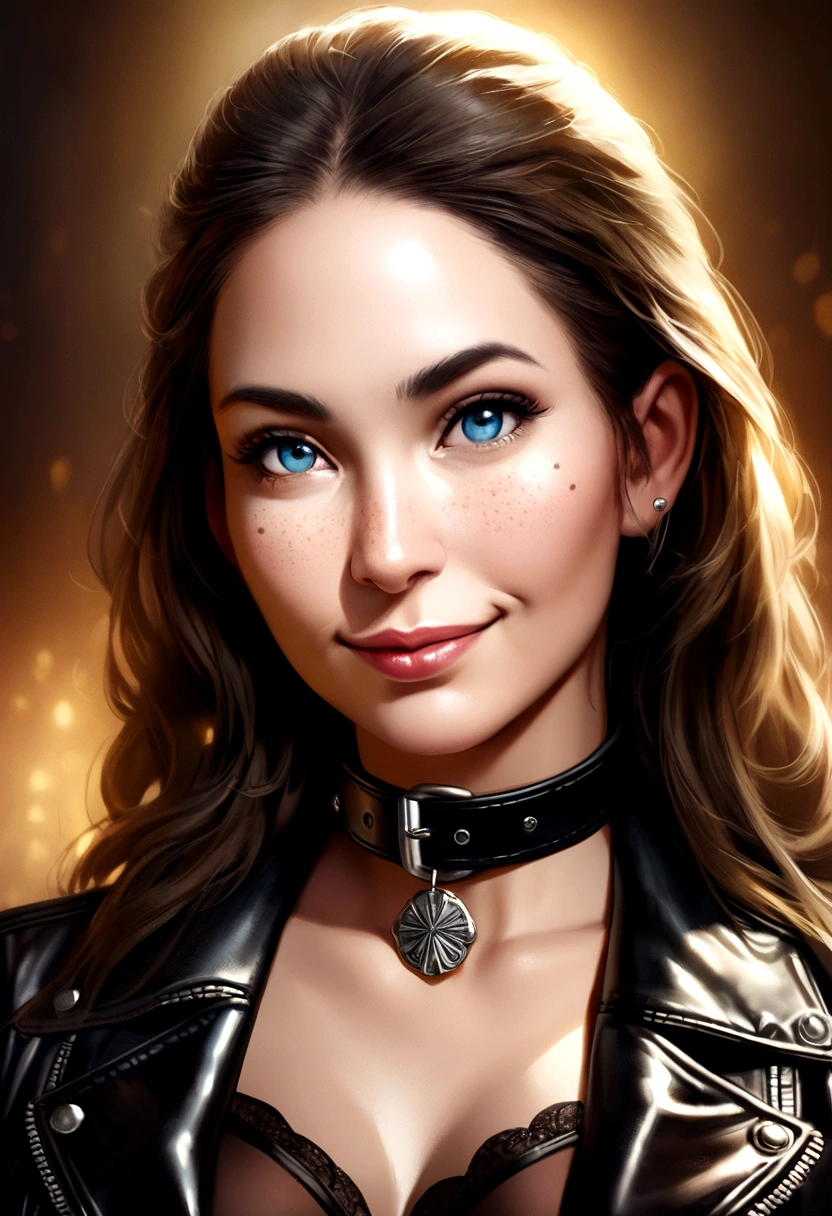photo, rule of thirds, dramatic lighting, long hair, detailed face, detailed nose, sensual smiling Bettie Page wearing leather jacket , freckles, collar or choker, smirk, intricate background
,realism,realistic,woman,portrait,photorealistic,analog,realism, american, mature, blue eyes, chestnut, bushy eyebrows