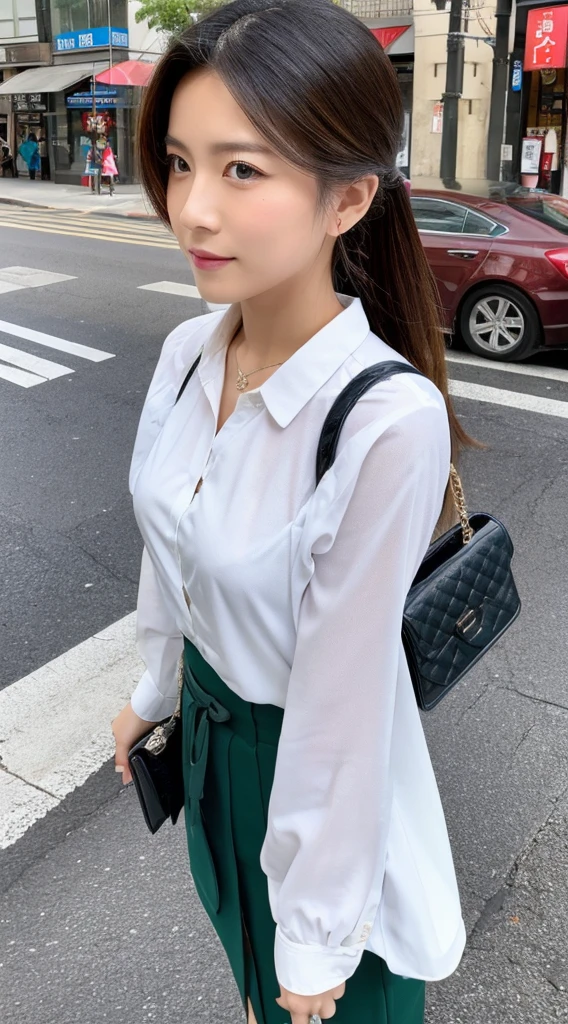 ((Highest quality)), ((masterpiece)), (detailed), Japanese,Street Corner,Beauty,Office Lady