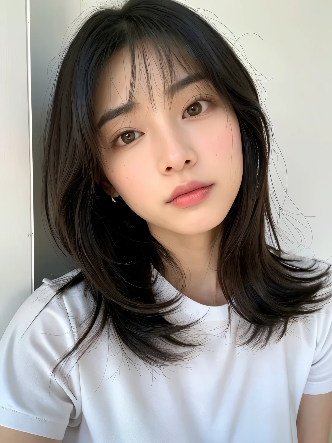 Stylish short sleeve tops、Silky Hair、40-year-old Japanese woman、(背景にWhite wall、Straight hair:1.4)、White wall、In front of the white door、(窓のあるWhite wallの部屋)、((Highest quality、8K、masterpiece:1.3))、Ultra-high resolution、(photoGenuineistic:1.4)、RAW Photos、Japanese,(detailed aspects)、Genuine、Photographed in natural light、Highly detailed face and skin texture、Highly detailed lips、The correct state of the human body、Medium Hair、Black Hair、Mr..々Pause、Natural color lip、Shiny Hair、Don&#39;Don&#39;Don&#39;t look at the camera、profile