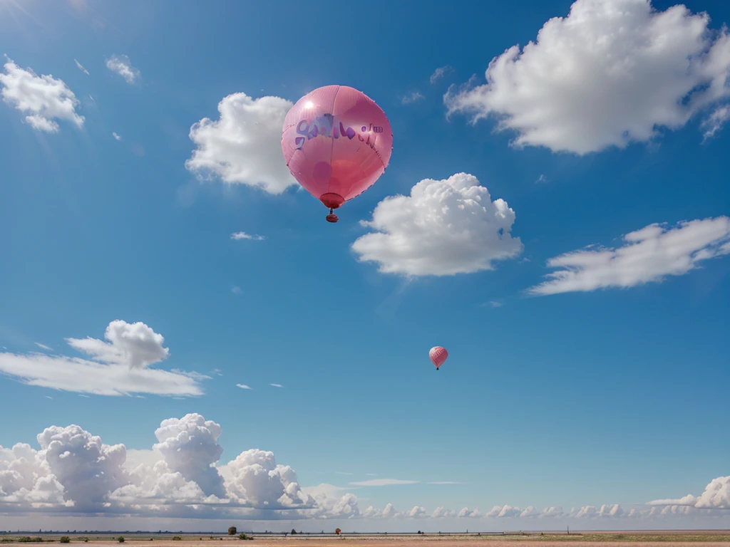 a helium balloon, a lonely pink balloon flying on a plain beautiful blue sky with clouds. high quality, HD, FULLHD