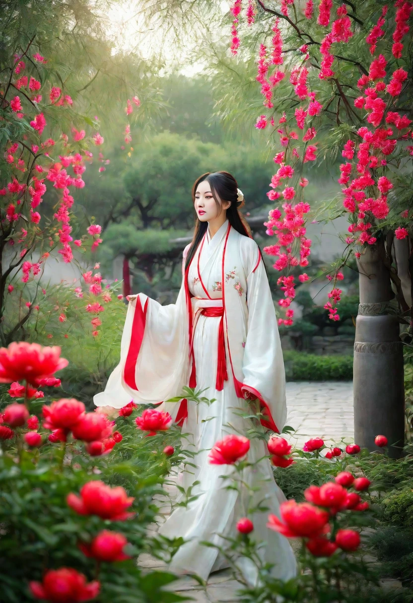 a woman wearing a white dress walking in a garden with red and white peony flowers in the foreground, a girl wearing hanfu traditional chinese clothing, long flowing hair and robe, ancient chinese garden background