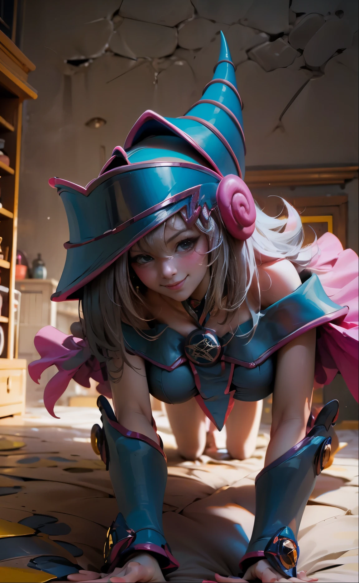 Beautiful dark magician gils. She is in position . Lying on pillows in the middle of the bedroom full of magic. , girl smile, provocative look. I have from outside. pose . she is