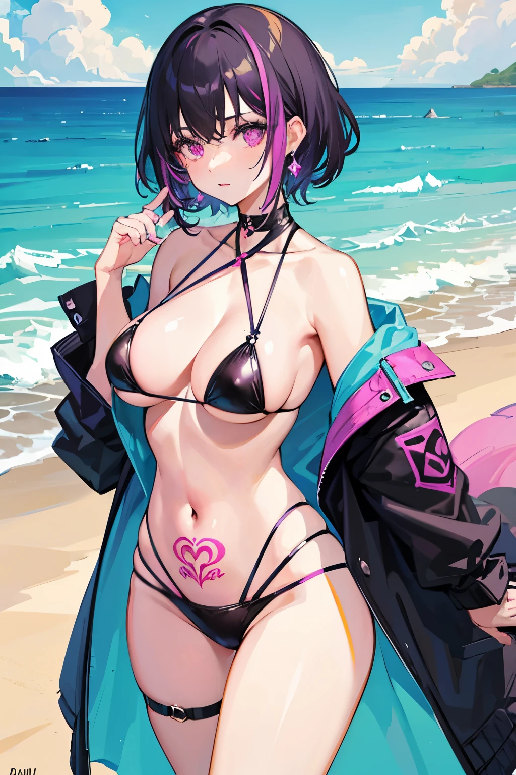 Create a beautiful girl, she has black hair and half of her head is bald, her hair is short and beautiful with some purple highlights, she has several tattoos, she is wearing a pink bikini on a beach, the setting is a city, she has several accessories such as earrings and jewelry (she's goth). The image has bright and vibrant colors