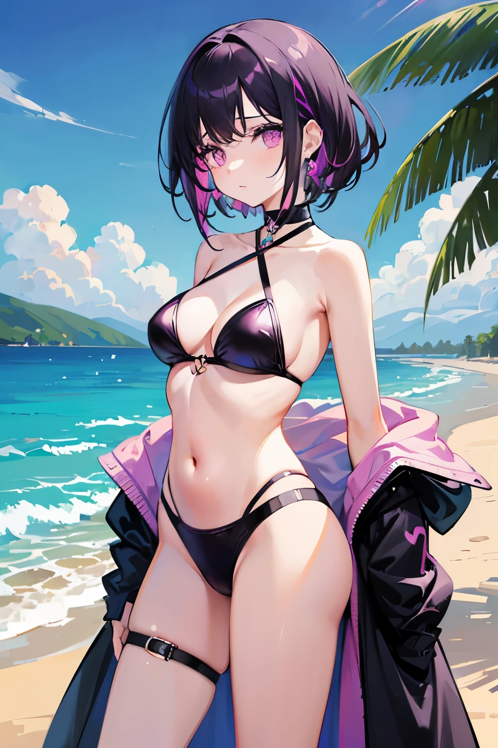 Create a beautiful girl, she has black hair and half of her head is bald, her hair is short and beautiful with some purple highlights, she is wearing a pink bikini on a beach, the setting is a city, she has several accessories such as earrings and jewelry (she's goth). The image has bright and vibrant colors