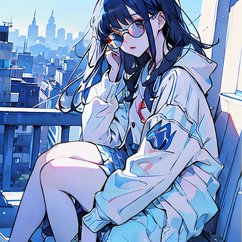 masterpiece、One Girl、Blue Hair、Fashionable clothes、White jacket、Background from the top of a building、sunglasses、Sit down、Low - Angle