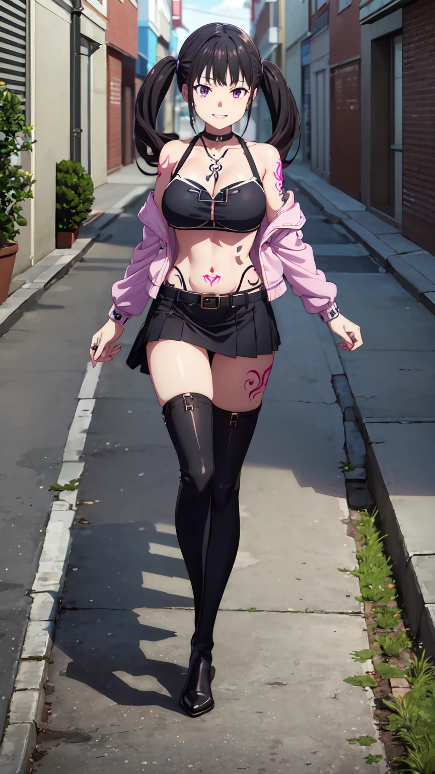 (((Pixel Perfect, Perfect in every detail))), alone, 1 personの女の子, Inoue Check, See the listeners, Mouth closed, (((Pixel Perfect, Perfect in every detail))), alone, 女の子1 person, Chisato Nishikigi, Uniform sake, Looking at the audience, 1 personの女の子, alone, (((1 personの女の子))),(((alone))),(((1 person))).loafers、Black socks、女の子1 person, whole body,（Looking up:1.4） alley, Contact us, Talk to your audience、Are Are standing、, 1 Girl}} Are standing,,{Show Viewer,, tattoo, High heels, saliva, tattoo、Highlight the faceAre standing、Shaving, (下abdomenのtattoo:1.5), (ハートのtattoo:1.5), (belly button: 1.1), 女の子1 person, whole body,choker、slave、 、 enlargement，big、Expressionless、（Blacknee-length socks:1.4） skirt twin tails, Hair Ribbon, collar, Chain Necklaces, Expose your shoulders, , Off the shoulder, Pink jacket, , abdomen, belt, Black Skirt, alley, inquiry, Talk to your audience、smile, Open your mouth, Are Are standing、View Audience,, tattoo, High heels, but, belly button, smile, Purple Lipstick、Pink Eyes、Grin、smile, 軽いsmile, anger, blush, saliva, black  skirt、 tattoo、（濃いPurple Lipstick、Purple lips）Leather Thigh Boots、Highlight the face、、（濃いPurple Lipstick、Purple lips）Purple eyes, Purple lips、Absolute area、Leather  Skirt、Are standing、(half:1.3), Wide , Thick thighs, (Thigh Gap:1.2), Big , (shaving, (下abdomenのtattoo:1.5), (ハートのtattoo:1.5), (belly button: 1.1), (Expose your shouldersさせる: 1.1), (邪悪なsmile: 1.3), 1 Girl, whole body,look up:1.4）choker、slave、 、 enlargement，Villainess、（Expressionless:1.4）