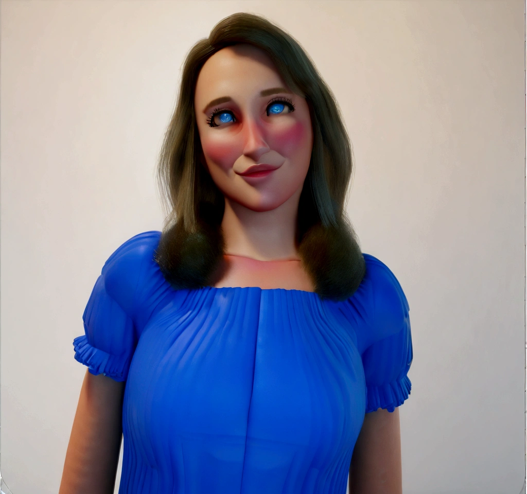 Woman cartoon character with blue eyes, blue dress, 3d stylized, Arnold Maya rendering, Stylized 3D rendering, toon render screenshot, 3d character, 3d character, Stylized 3D rendering, 3D character rendering, cartoon character, Personagem de close up, character posing, (Pixar-style) (master part:1.2) (bokeh) (best qualityer) (skin detailed) (detailed texture) (8K) (Argilla) (cinematic lighting) (sharp focus,Sit down and lift your upper body