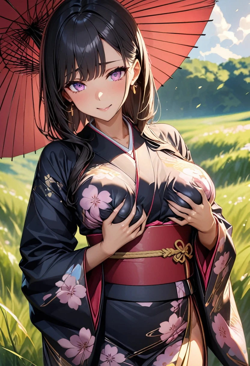 (Perfect Anatomy)、Mastepiece、Ultra High Quality、 8K、masterpiece、Highest quality、Ultra-high resolution、Maximum resolution、Very detailed、Professional Lighting、anime、Adult female、thin、so beautiful、Highly detailed eye、Highly detailed face、Golden earrings、Black Hair,、Pink eyes、Kimono with a beautiful pattern、Gorgeous kimono、kimono、Holding a Japanese umbrella、grassland, whole body, grabbing own breasts,