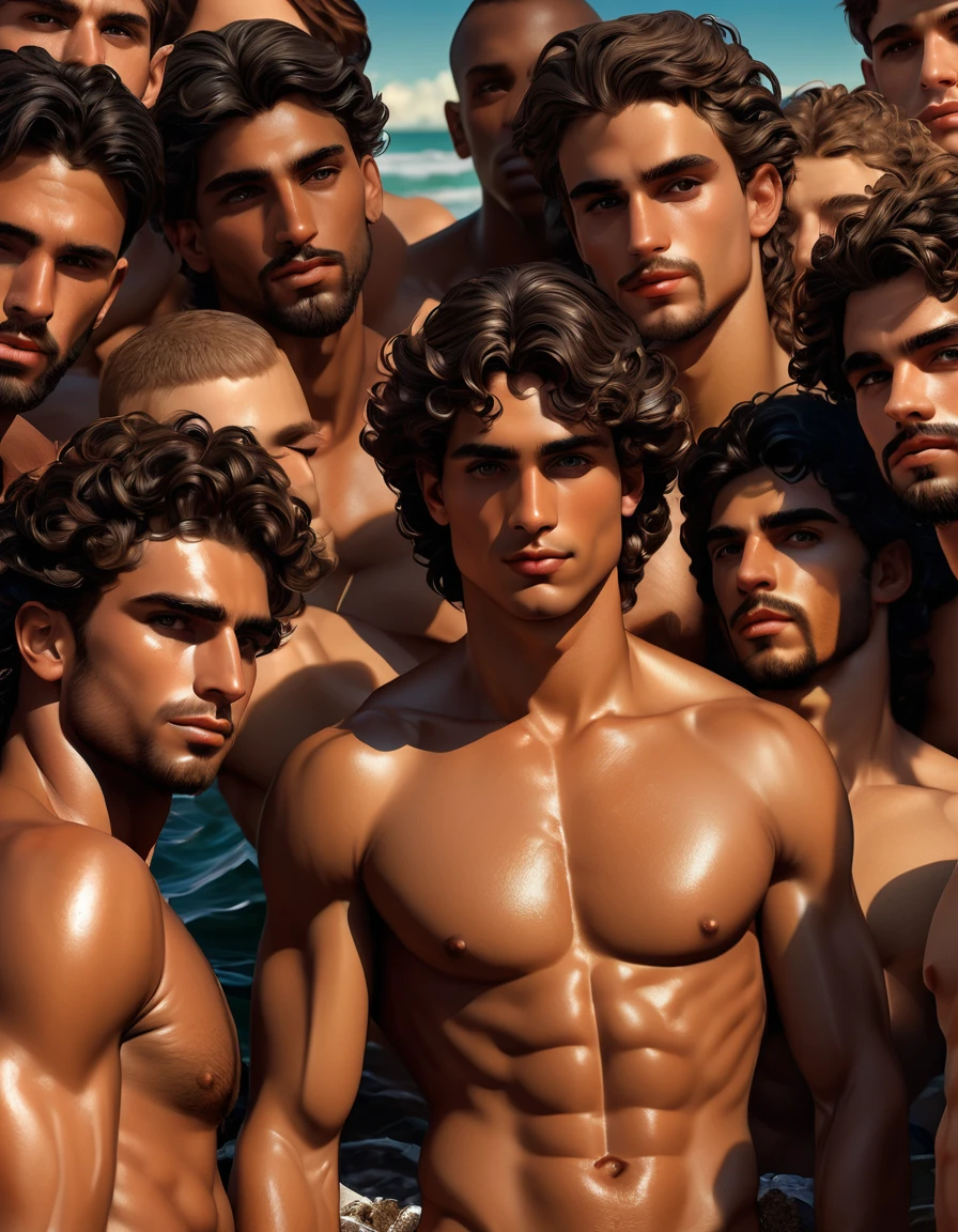 A group of diferent races young male bathers, ultadetailed realisitic shape faces, skinny realistic detailed muscles, gorgeous, handsome, in the beach, 8k resolution, ultrarealisitc, ultradetailed, fooling around, less clothes possible, roberto ferri, michaelangelo, caravaggio, in a nudist party