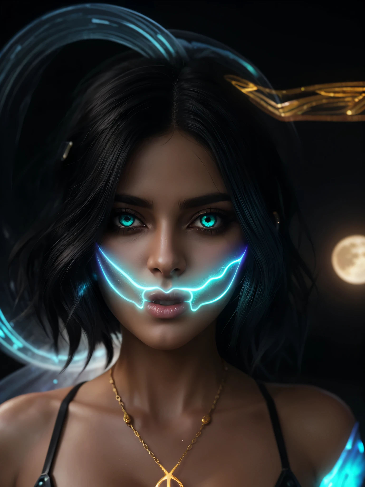 +(((HDMI, HDRI, UDHD))),((Njj 3d)+(Njj modern anime)), night, rain, cemetery, 1 woman, punk rock style clothes, black leather jeans, chains, sneakers, ( (neon iris lighting) 1.1), (eyes emit a magical glow 1.1), ((detailed beautiful eyes) 1.1)), lighting: ((light source full moon))), (((bioluminescence halo light effect Aura focuses on hair))), light falling from above, close-up, bright colors, high quality, extreme detail, blur, depth of field, blurred foreground, looking into the camera, The image had to have an overall sense of mysticism and otherworldliness., with even more number of fantasy elements. (perfect details: 1.1), (beautiful and clear background: 1.2), (extremely detailed CG, ultra detailed, best shadow: 1.1), (finely detailed beautiful eyes), (full-length 1.1), ((fairy fog effect)) , ((ultrasound wave effect)), ((golden rays)), ((abnormal air vibration))., 3D, digital art, on a solid color black background