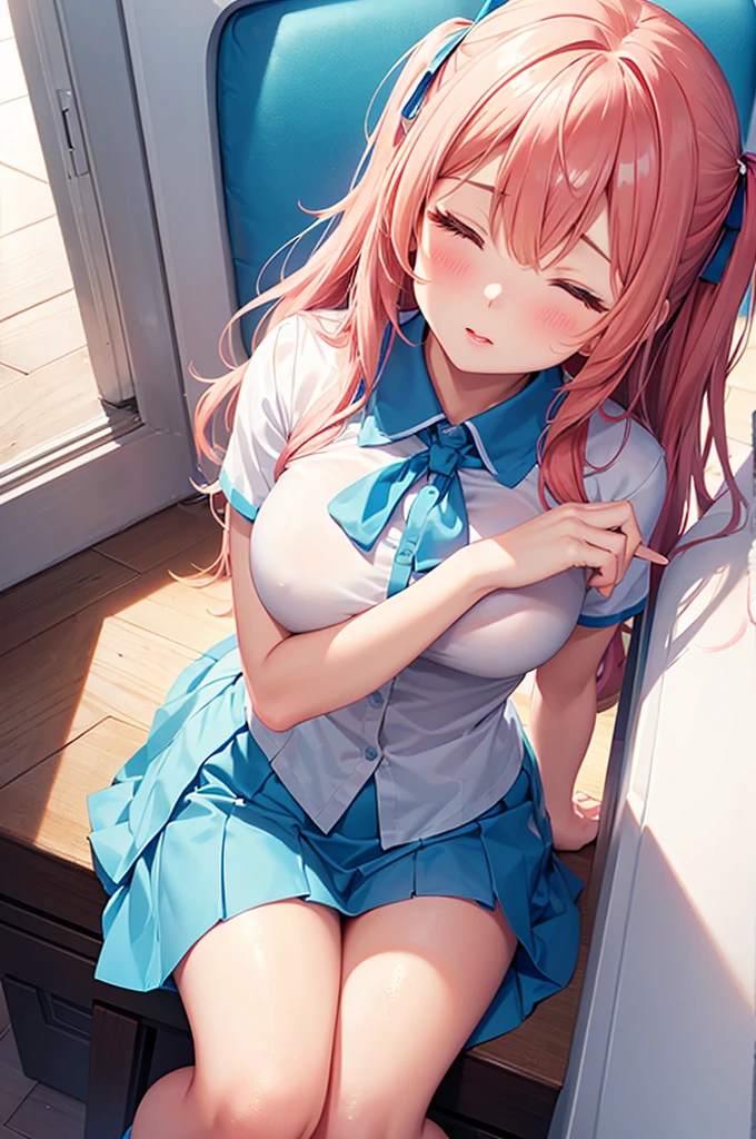 From above, (Close ~ eyes:1.2) One Girl, blush, sit, ,beautiful girl,Light blue skirt, Anime move,Two Side Up、(Gloss Lip)、Thick lips,Kissing Face