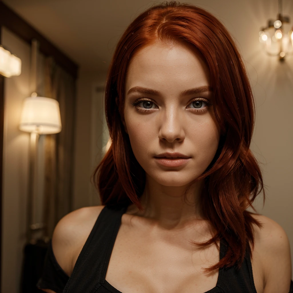 Red head femshep smiling, sexy red dress, up close