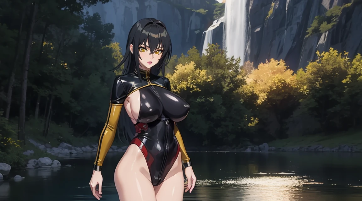 masterpiece:1.4),(best quality:1.4), soft lighting, cinematic bloom, beautiful face, beautiful eyes, cowboy shot, Annerose, 1girl, solo, female mature, black hair, long hair, (yellow eyes:1.4), large breasts, jumpsuit leather, skin tight, hair intakes, covered breasts, sideboob, exquisite eyes detail, exquisite character design unity details 8k hdr, professional art, landscape, (solo:1.5, cowboy shot:1.5), night, in the middle of lake surrounding by waterfall, sexy body, milf, 35 years old girl, big thighs, sexy waist