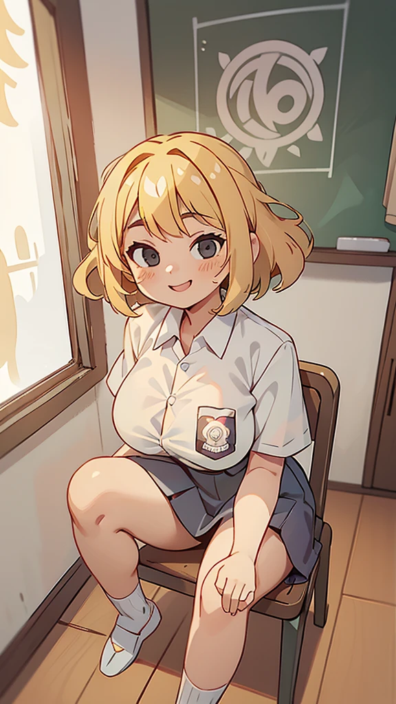 1 woman, 17 years old, (curly bob, blonde hair), plump body, black eyes, Indonesian high-school uniform, (wearing transparent white shirt, showing bra), osis logo on shirt pocket, huge XL breasts, light-grey pleated skirt, sitting on a chair, seductive pose, full body shot, smiling, in the classroom.