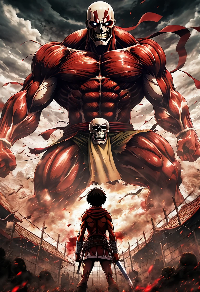 (best qualityer,4K,8K,high resolution,work of art:1.2),ultra detali,(realisitic,photorealisitic,photo-realisitic:1.37),attack on titan anime style, skull and bloodstains on the faces of anime characters, inspired by Attack on Titan, Attack on Titan Titans, Eren Yeager, titan attack, The Colossal Titan, shingeki no kyojin, Titans fighting, the secret art of attacking Titans, gigantic titans, inspired by new art, inspired by the colossal Titans, intense battle scenes, emotionally charged moments, dark and gritty atmosphere, epic action sequences, intense facial expressions, dynamic poses, dramatic lighting, post-apocalyptic scenario