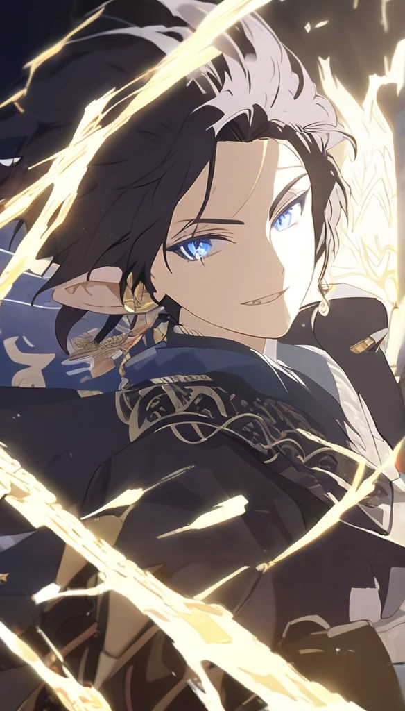 1man, elven ears, electric god, blue black hair, short messy hairstyle, glowing blue eyes, electric spark, monk, elegant thai clothes,