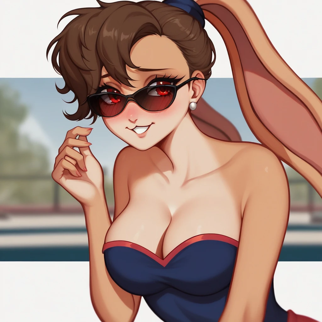 Score_9, solo, lola Bunny, strapless tight dress, cleavage, two-tone hair (brown hair, black tip)), curly hair, halo, sunglasses, jewelry, red eyes, longeyelashes, red eyes, smile, shy, blush,