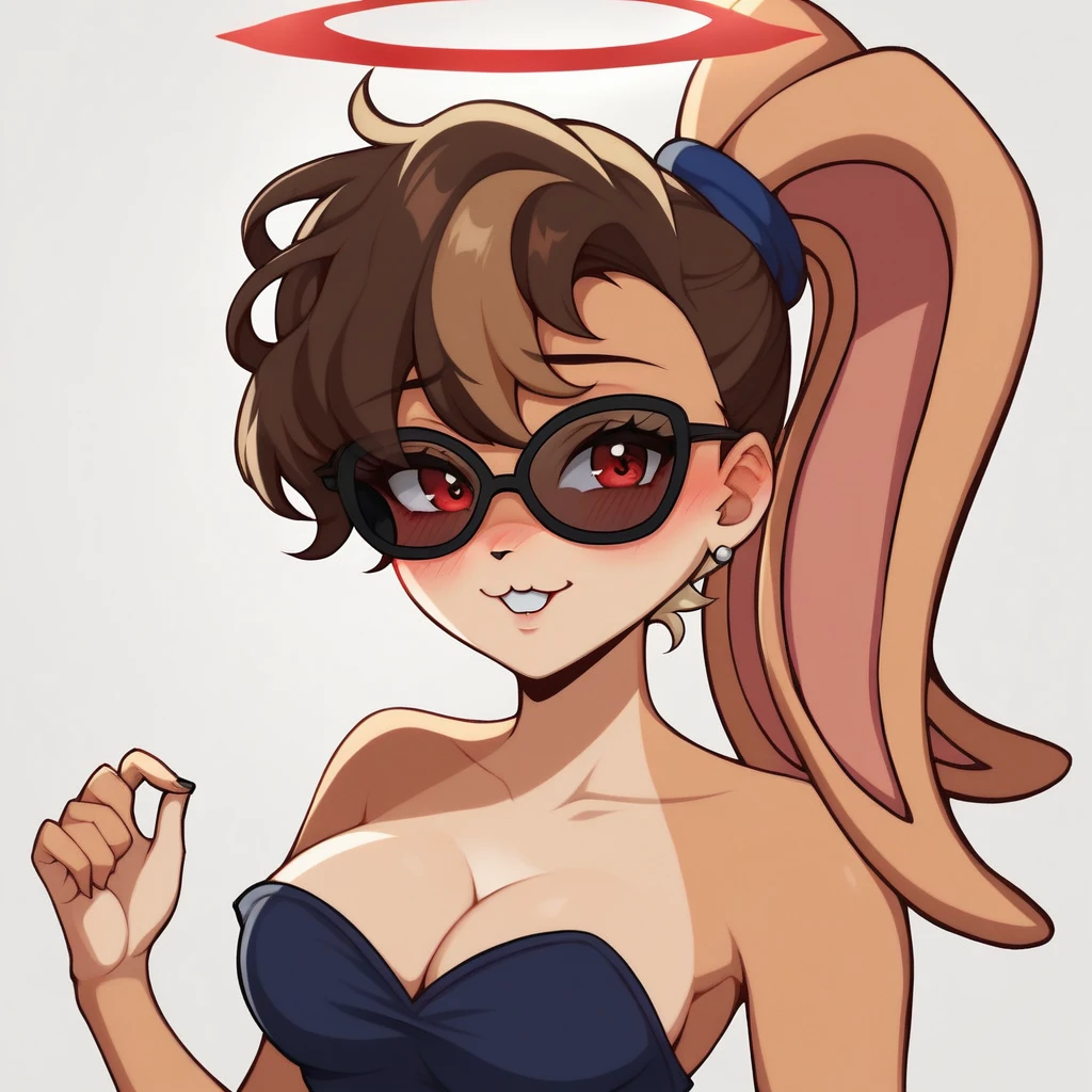 Score_9, solo, lola Bunny, strapless tight dress, cleavage, two-tone hair (brown hair, black tip)), curly hair, halo, sunglasses, jewelry, red eyes, longeyelashes, red eyes, smile, shy, blush,