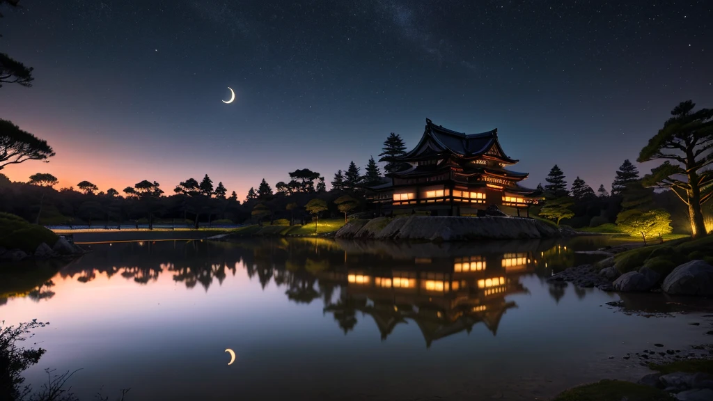 A traditional Japanese castle,With multi-layered roofs and white walls,Illuminated in the dark night sky. The castle is beautifully reflected in the calm water in front of it, Creating a perfect mirror image. The crescent moon hangs in the sky to the left of the castle,Also reflected in the water. There is a stone foundation around the castle, Surrounding trees are partially visible in the background. The overall scene is full of tranquility and mysterious atmosphere, The bright castle contrasts sharply with the dark surroundings.
