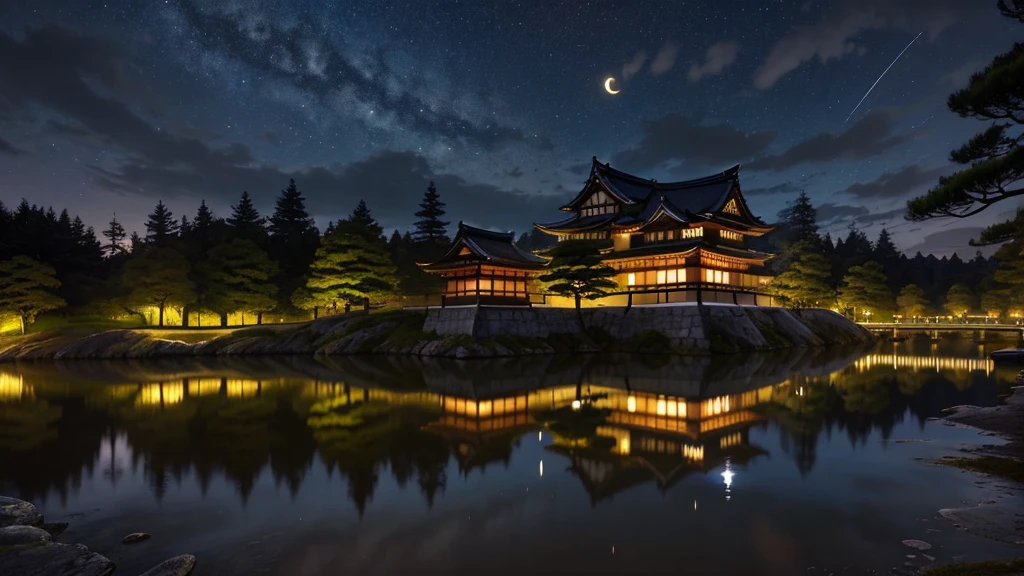 A traditional Japanese castle,With multi-layered roofs and white walls,Illuminated in the dark night sky. The castle is beautifully reflected in the calm water in front of it, Creating a perfect mirror image. The crescent moon hangs in the sky to the left of the castle,Also reflected in the water. There is a stone foundation around the castle, Surrounding trees are partially visible in the background. The overall scene is full of tranquility and mysterious atmosphere, The bright castle contrasts sharply with the dark surroundings.