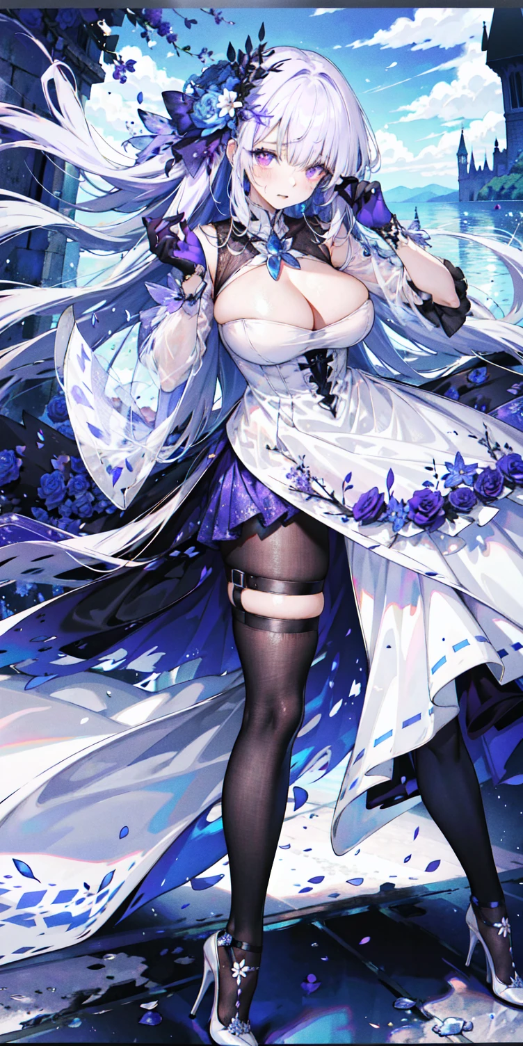 ((masterpiece:1.4,best quality)),(Super detailed),(Extremely detailed eyes),(Shiny socks:1.5),o Darkness
(Cute girls),15 yood-red pupilsond-shaped pupil:1.15),Purple Eyeshadow,(elongated hair,Thick hair,Single ponytail,shiny hair:1.5)(Changes through:1.2),despair,sad,Empty eyes,tears streaming down my face,tilting its head to the side,
(She wore a blue dress,:1.5),(Black gloves:1.4)Very long plush sleeves,White,White Cloud,Dream bubbles ,Ice and glitter effects
(Black long skirt:1.1),
((Starry Sky:1.2)),
(Intense black and white:1.16),(Depth of Field:1.4),,Intricate details,(((Detailed background,Castle in the Sky,Purple flowers by the lake))),(((Huge breasts,Bare breasts,eavage,White o high heels,ent clothes)))