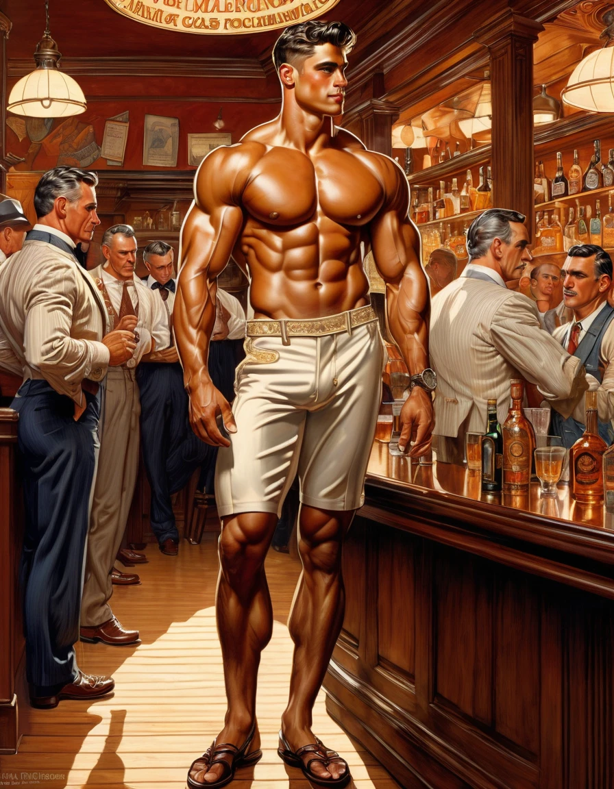 In the iconic art style of jc leyendecker an norman rockwell i, a hyperrealistic, meticulous illustration of a young, slim, and muscular Latino with a strong display of leadership body language and perfectly detailed anatomy. He's illuminated by the warming sun, standing barefoot in the center of a victorian gentleman bar with many victorian men looking at him. The Latino man, with strong muscular legs, a peaceful gaze, and a subtly hidden smile, hints at his athleticism, wearing a swimmer's
