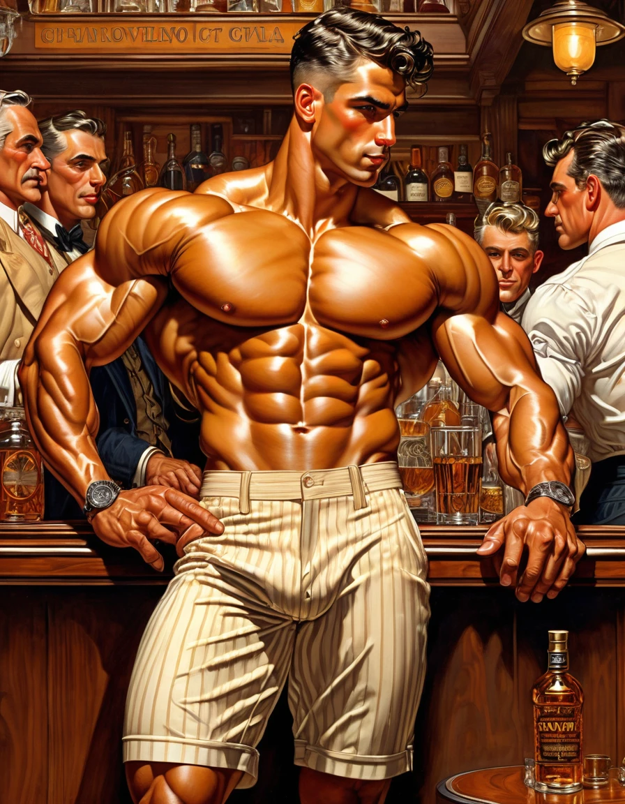 In the iconic art style of jc leyendecker an norman rockwell i, a hyperrealistic, meticulous illustration of a young, slim, and muscular Latino with a strong display of leadership body language and perfectly detailed anatomy. He's illuminated by the warming sun, standing barefoot in the center of a victorian gentleman bar with many victorian men looking at him. The Latino man, with strong muscular legs, a peaceful gaze, and a subtly hidden smile, hints at his athleticism, wearing a swimmer's
