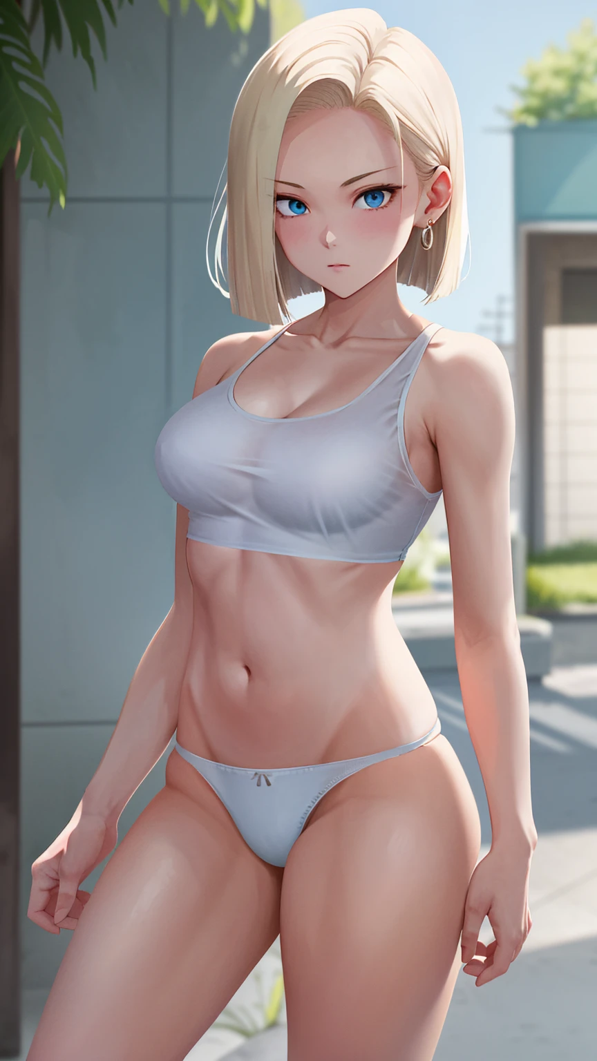 top-quality, A high resolution, 18 with, 1girl in, android 18, solo, blond hairbl, eBlue eyes, short detailed hair, 耳Nipple Ring, jewely, Sport Tank Top,You can see the white panties on the knees, mini panties,Sleeveless、Beautiful facial features、The right leg stands upright,White panties visible.、Beautiful navel、beautiful thigh、 transparent panty, medium breasts, cow boy shot, street, cropped shoulders, No shoulder strap,Bigchest,big breasts thin waist,long leges,nakeness,Bare lower body,Bare breasts