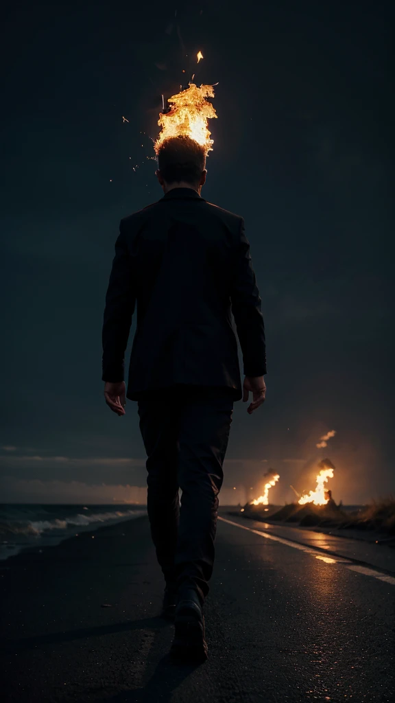 Create an image of a man walking towards the horizon calmly, with my whole head on fire in the night, o tamanho da imagem deve ser de 1920x1080