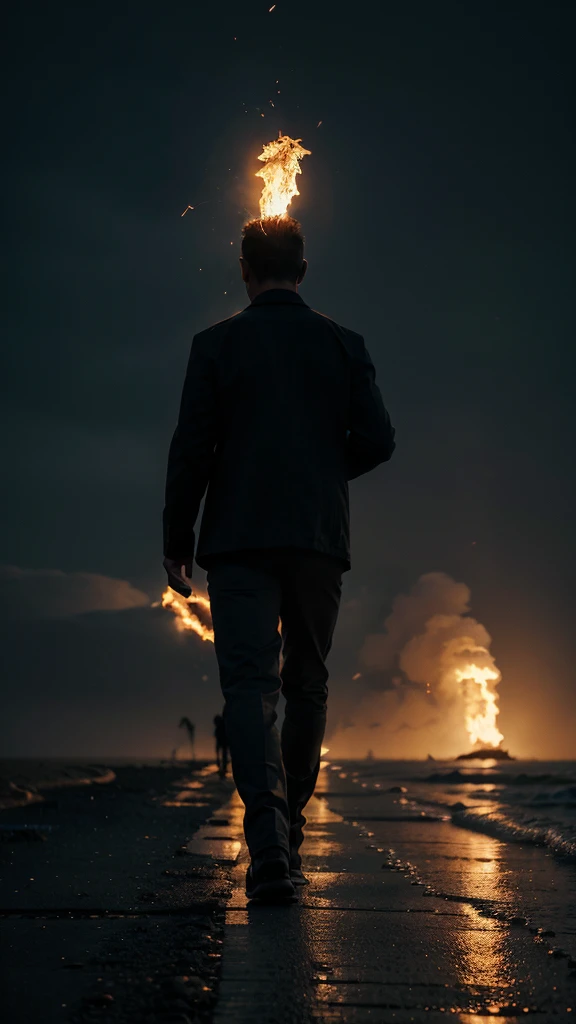 Create an image of a man walking towards the horizon calmly, with my whole head on fire in the night, o tamanho da imagem deve ser de 1920x1080