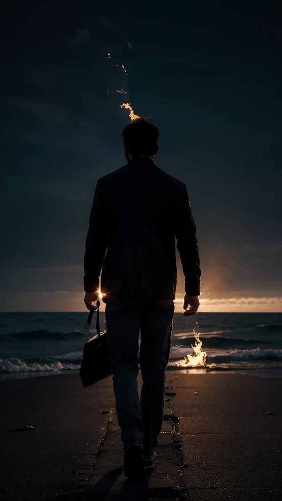Create an image of a man walking towards the horizon calmly, with my whole head on fire in the night, o tamanho da imagem deve ser de 1920x1080
