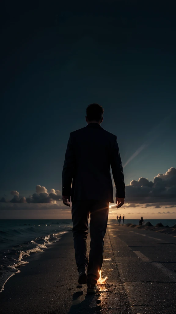 Create an image of a man walking towards the horizon calmly, with my whole head on fire in the night, o tamanho da imagem deve ser de 1920x1080